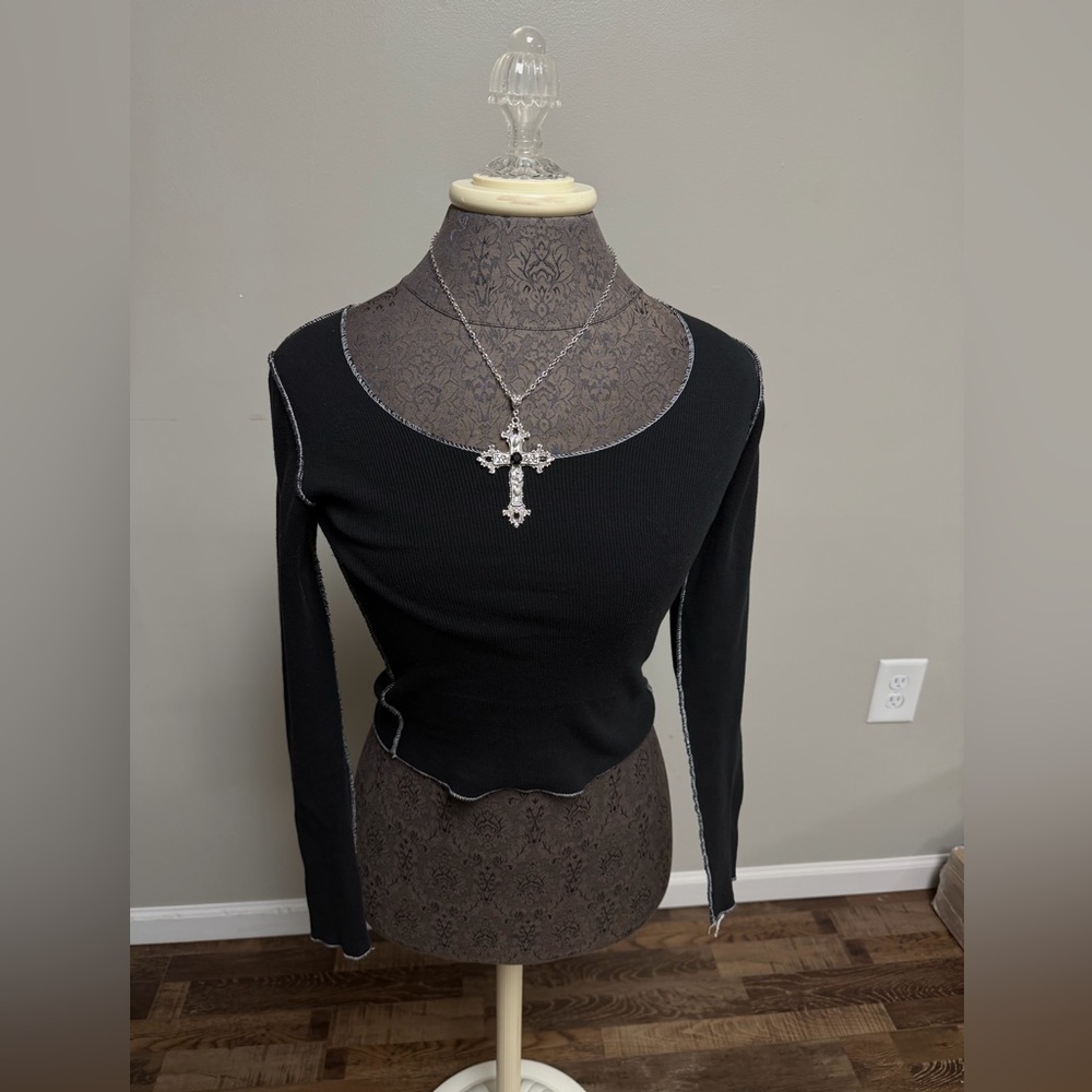 Brandy Melville Black Long Sleeve Top with White Stitching